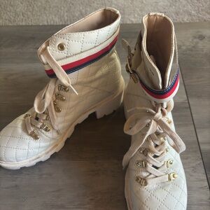 Gucci Cream Combat Boots with Red and Blue Accents